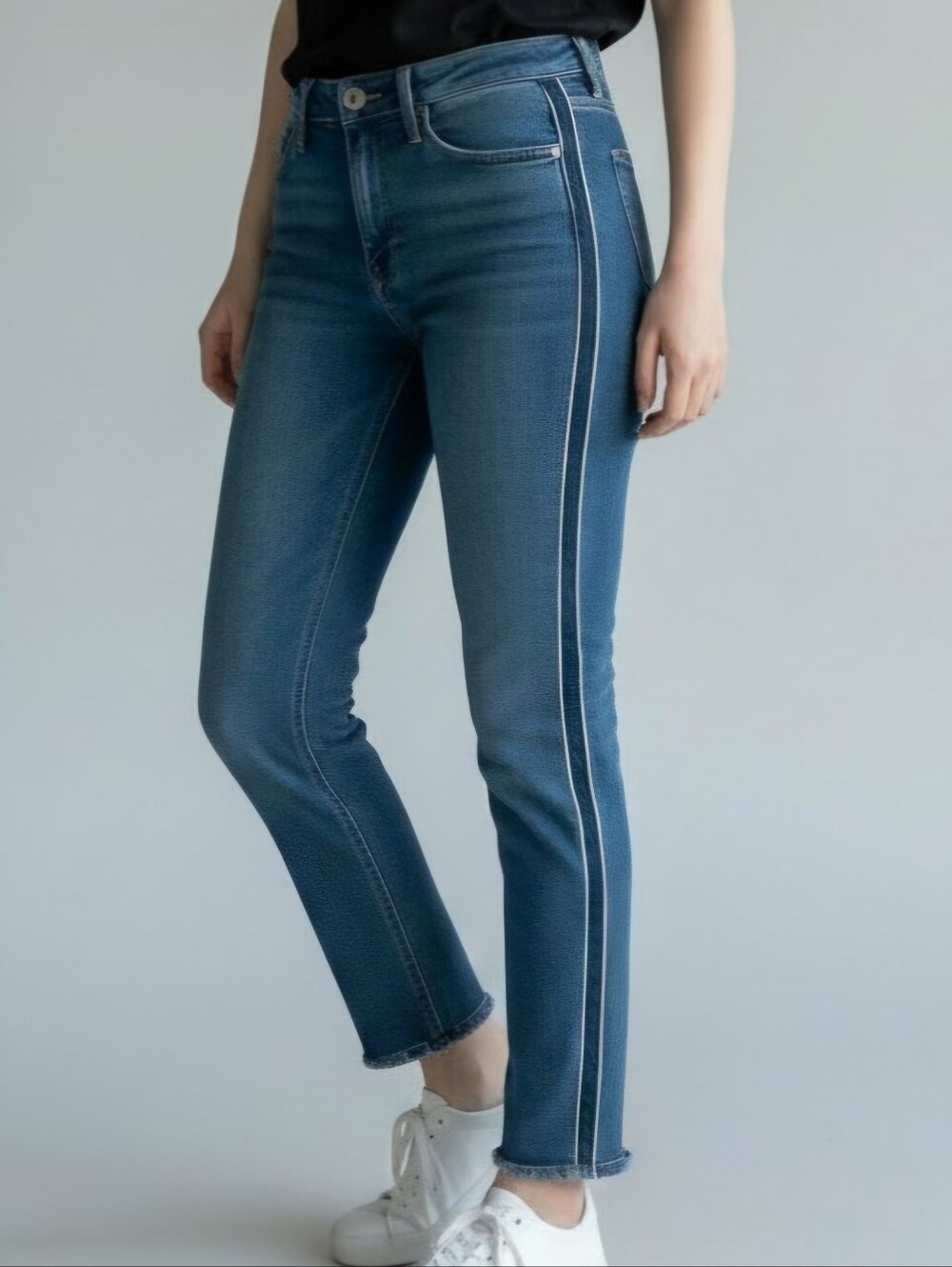 PAIGE Mid-Rise Blue Ankle denim Jeans with White Side Stripes Casual Streetwear